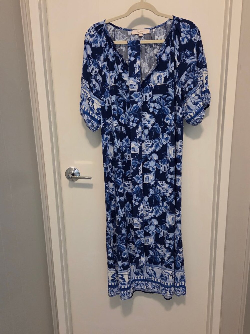 Loft Navy Tropical Print Button Front Dress with Tie Waist - Sz XLP